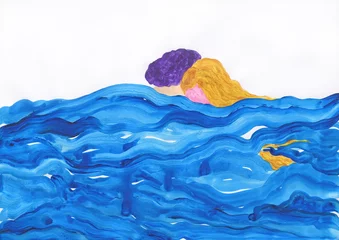 Poster man and woman on the waves. watercolor painting. illustration.  © Anna Ismagilova