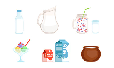 Set dairy products. Smoothie, ice cream, sour cream, milk natural farm products flat vector illustration