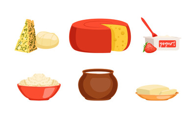 Set dairy products. Cheese, butter, yogurt, cottage cheese natural farm products flat vector illustration