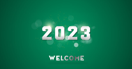 Happy new year background on 2023  welcome White number text. The backdrop of green color, template card vector illustration.