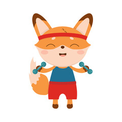 Cute cartoon fox athlete, with dumbbells.