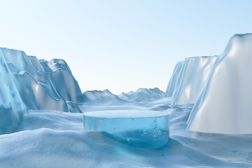 3d render platform and Natural ice podium background on iceberg mountain with snow covered floor for product stand display advertising cosmetic beauty products or skincare with empty round stage