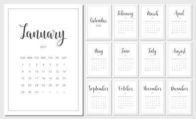 Vector Calendar Planner for 2023 Year. Handwritten lettering. Set of 12 Months. Week Starts Sunday. Stationery Design for Printable.