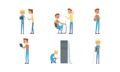 Sysadmin characters set. System administrator repairing and adjusting network connection, working on computer and upkeeping server. Support and administration vector illustration