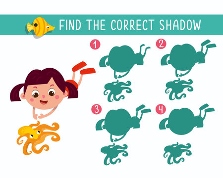 Cute girl swim with sea creatures underwater. Find the correct shadow. Game for children. Activity, color vector illustration. Character in cartoon style.