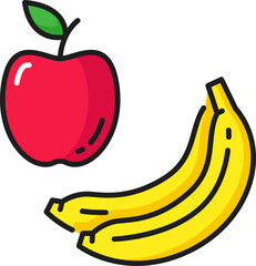 Banana, apple fruit vegetarian food outline snack
