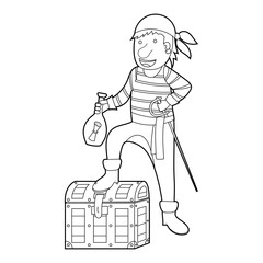 Coloring book for kids, cartoon pirate is standing on a chest. Vector isolated on a white background