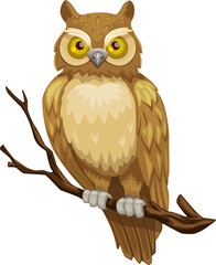 Cartoon owl sitting on tree branch, vector owlet