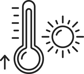 Hot weather thermometer, sun isolated outline icon