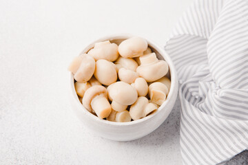 Marinated champignons in a bowl. Ready to eating.
