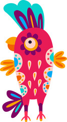 Cartoon parrot bird, aztec ethnic floral ornament
