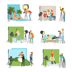 Male and female photographers working at photographic studio photographing people during photo session set flat vector illustration