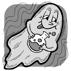 Scary and cute Halloween ghost with funny face hand drawn illustration. Night spirit. Comic cartoon personage character for decorative design, poster print. decoration celebration, party invitation.