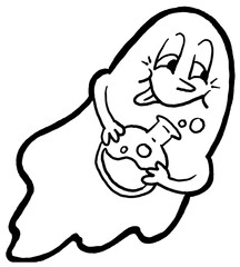 Scary and cute Halloween ghost with funny face hand drawn illustration. Night spirit. Comic cartoon personage character for decorative design, poster print. decoration celebration, party invitation.