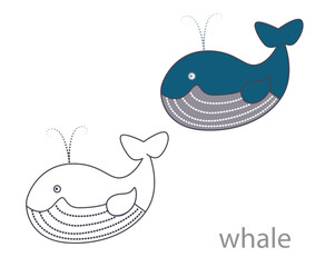 Set of colored gray whale and whale outline for coloring. Underwater world! Cute cartoon whale. Vector illustration. Drawings for banner, card, postcard
