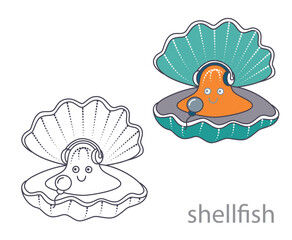 Set of colored gray shellfish and shellfish outline for coloring. Underwater world! Cute cartoon shellfish. Vector illustration. Drawings for banner, card, postcard