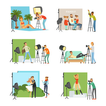 Male and female photographers working at photographic studio photographing people during photo session set flat vector illustration