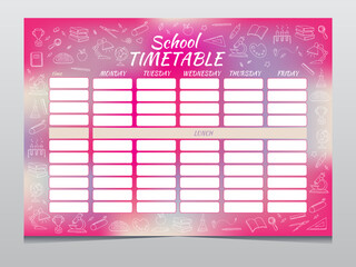 School timetable or lesson schedule template, vector education. Week chart or plan and study planner with school supplies, student stationery, microscope, magnifier and maths formulas on chalkboard