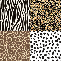 Animal skin. Set of seamless animal patterns: leopard, zebra, giraffe, dalmatian. Natural camouflage, spotted fur texture. Abstract exotic pattern for fabric and fashion design. - 532103786