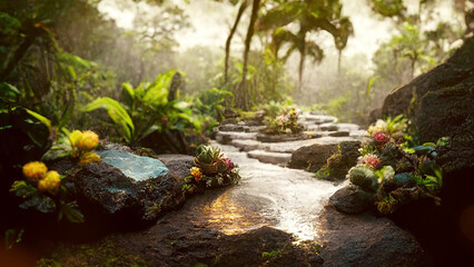 Tropical rainforest with hiking trail and wet stones - obrazy, fototapety, plakaty