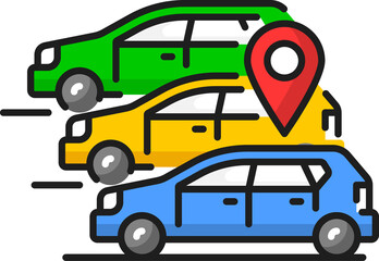 Carpool, cars and location sign. Car share service