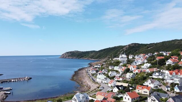 Molle, Sweden drone overview, town houses and a harbor.
