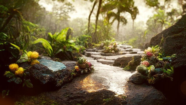 Tropical rainforest with hiking trail and wet stones