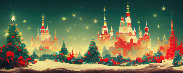 Magical fairy tale castle with christmas trees at night