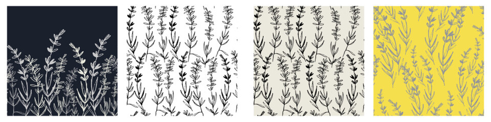 Seamless patterns set with hand drawn lavender plants for surface design and other design projects