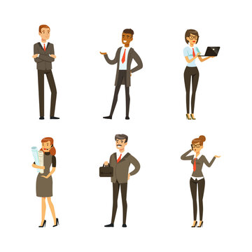Business people wearing formal clothes in different activities. Set of business characters working in office vector illustration