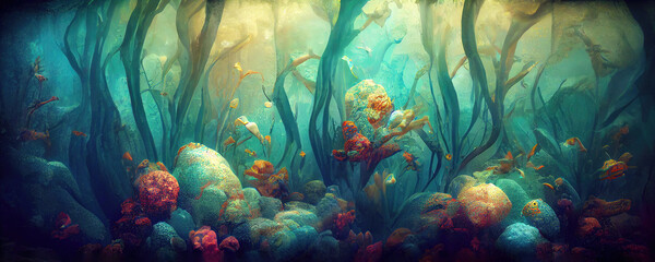 Abstract underwater ocean scene as wallpaper background - obrazy, fototapety, plakaty