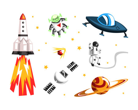 Space objects collection. Planet, astronaut, alien, satelite, space rocket vector illustration