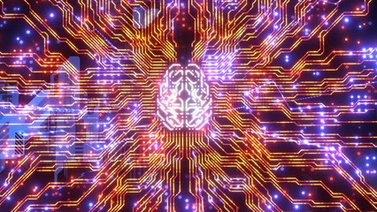 advanced computer computing technology. animation the electronic brain processes large amounts of data in the space of the digital world in red tones