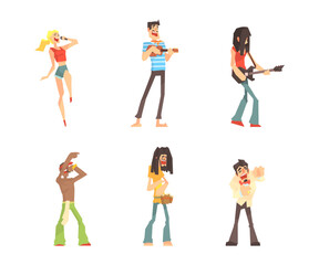People playing musical instruments and singing set. Singers performing with microphones, musicians playing ukulele and elerctric guitar cartoon vector