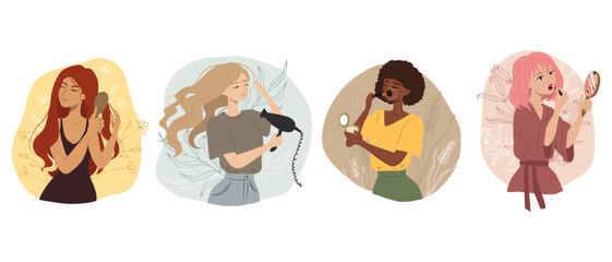 Female hair care procedures, makeup flat cartoon set. Vector cutting, coloring, washing, cleaning and hair care with natural products. Hairdryer, comb, lipstick and brush in the hands of a woman