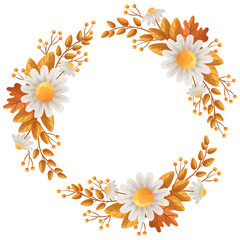 Autumn Fall Wreath Frame with Fall Leaves and Autumnal Flowers Isolated PNG Clipart