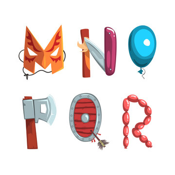 Alphabet with various objects. M,N,O,P,Q,R creative cartoon letters made of axe, mask, sausagrs, knife, shield vector illustration