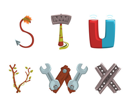 Alphabet with various objects. S,T,U,V,W,X creative cartoon letters made of branches, magnet, wrenches, hammer vector illustration