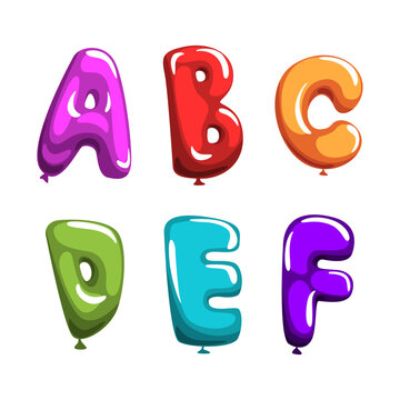 Colorful balloons alphabet. A,B,C,D,E,F creative cartoon glossy letters alphabetical font vector illustration