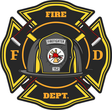 Firefighter, fire department badge with equipment