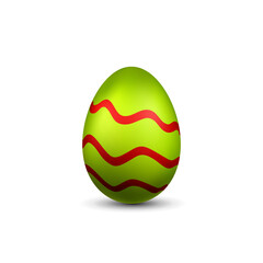 Easter egg 3D icon. Red green color egg, isolated white background. Bright realistic design, decoration for Happy Easter celebration. Holiday element. Shiny pattern. Spring symbol. Vector illustration