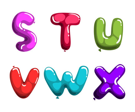 Colorful balloons alphabet. S,T,U,V,W,X creative cartoon glossy letters alphabetical font vector illustration
