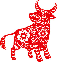 Ox, red paper cut bull icon, chinese horoscope