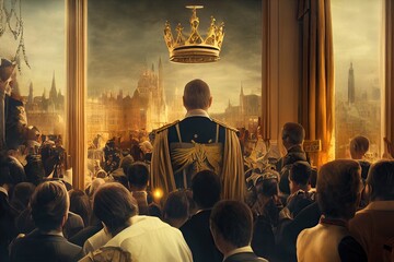 People of England celebrating the new king in Westminster Palace waving UK flags in London. 3D illustration digital painting. - obrazy, fototapety, plakaty