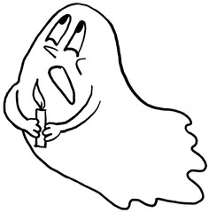 Scary and cute Halloween ghost with funny face hand drawn illustration. Night spirit. Comic cartoon personage character for decorative design, poster print. decoration celebration, party invitation.
