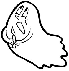 Scary and cute Halloween ghost with funny face hand drawn illustration. Night spirit. Comic cartoon personage character for decorative design, poster print. decoration celebration, party invitation.