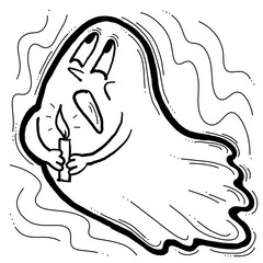 Scary and cute Halloween ghost with funny face hand drawn illustration. Night spirit. Comic cartoon personage character for decorative design, poster print. decoration celebration, party invitation.