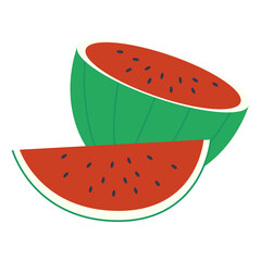 Half a ripe, red watermelon. A slice of watermelon with black pits. Flat vector illustration, eps10