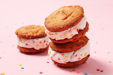Concept of sweet food, cookies with ice cream, close up
