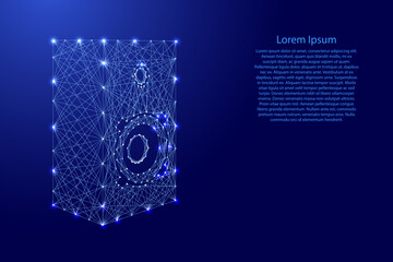 Music column, loudspeaker box, from futuristic polygonal blue lines and glowing stars for banner, poster, greeting card. Low poly concept. Vector illustration.. © elenvd